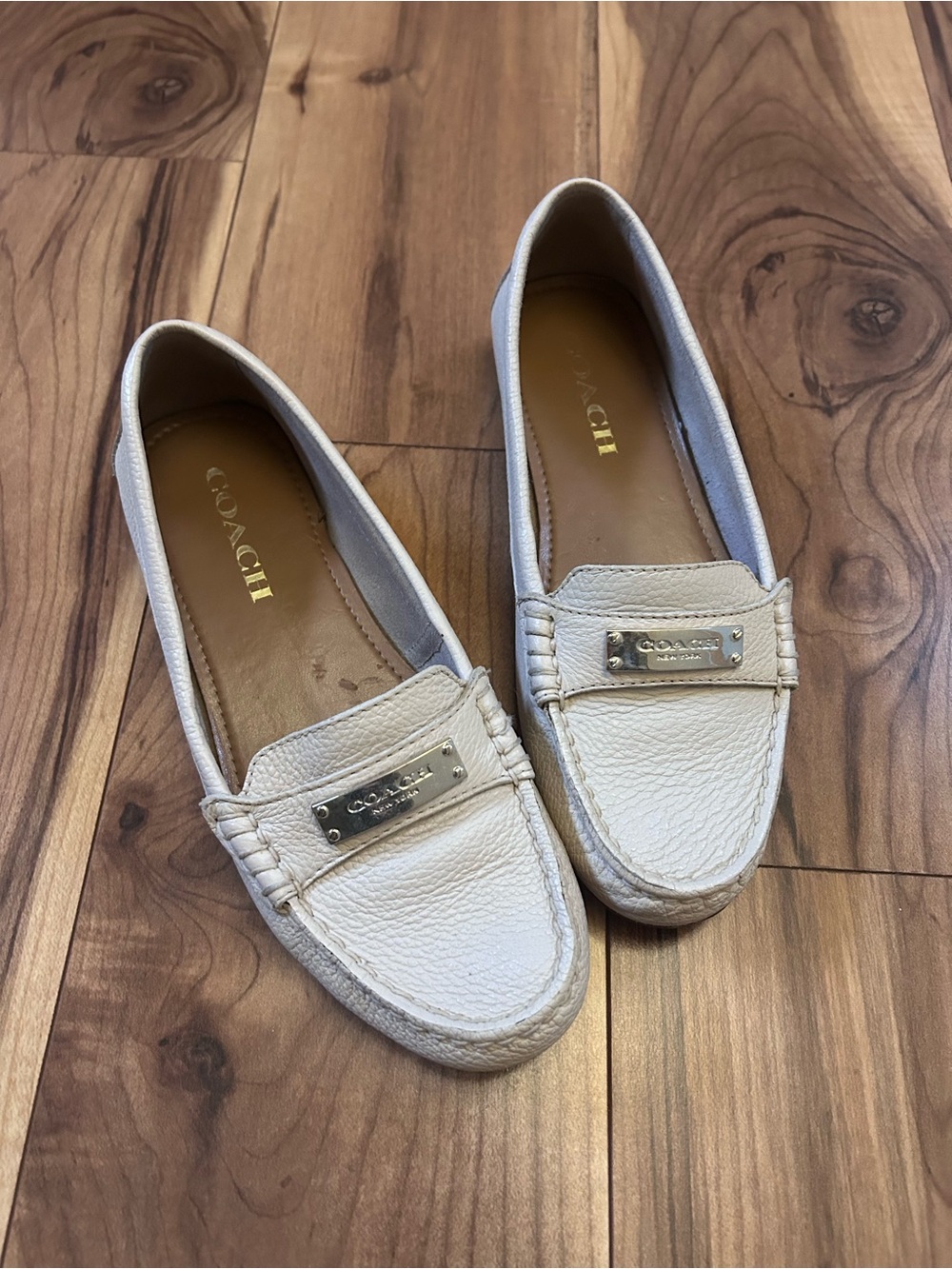 Coach Cream Leather Penny Loafers with Signature Plaque